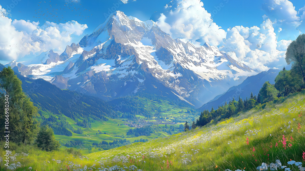 Majestic view of a mountain range with a valley in the foreground showcasing Swiss Alps beauty Majestic view of a mountain range with a valley in the foreground showcasing Swiss Alps beauty