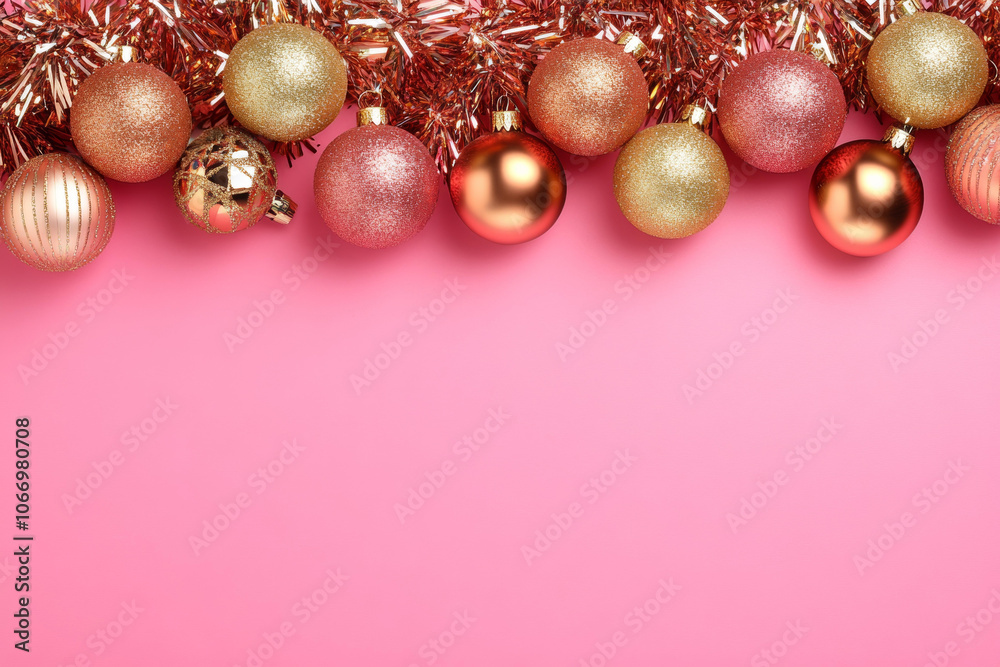 Pink background with gold ornaments, shimmering tinsel. Festive decor. Pink background with gold ornaments, shimmering tinsel. Festive decor.