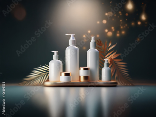 A set of white cosmetic bottles and jars sit on a gold tray with palm leaves, against a blue background with a spotlight. photo