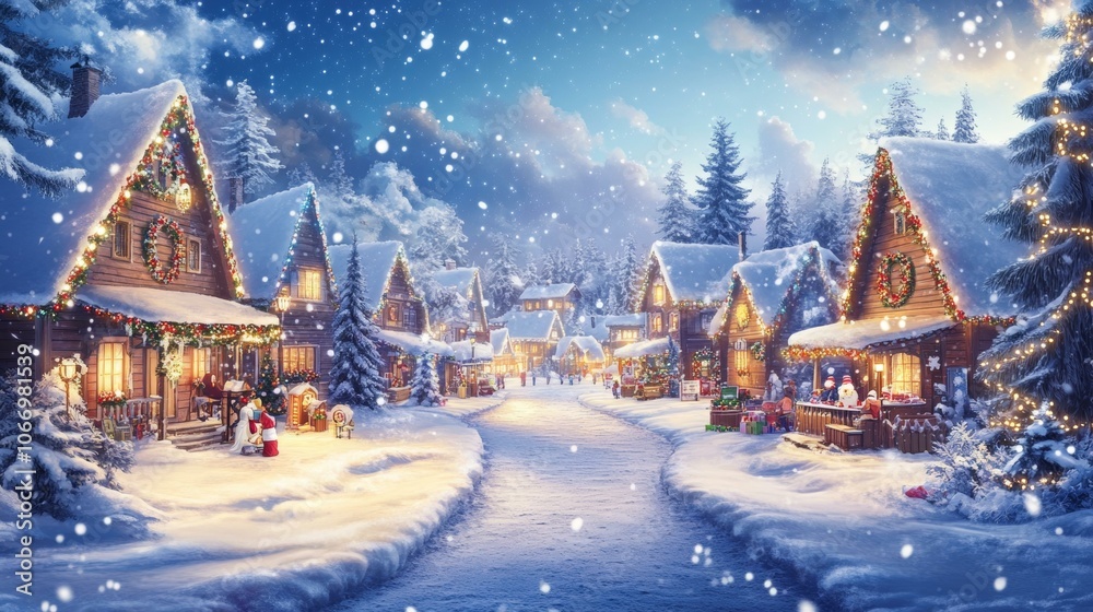 Snowy village adorned with Christmas lights, glowing Christmas tree. Snowy village adorned with Christmas lights, glowing Christmas tree.