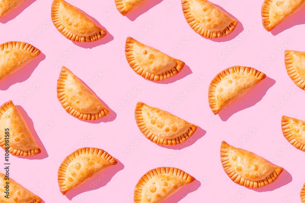 Un motif d'empanadas dorées sur un fond rose pastel, créant une esthétique joyeuse et gourmande.. Un motif d'empanadas dorées sur un fond rose pastel, créant une esthétique joyeuse et gourmande..