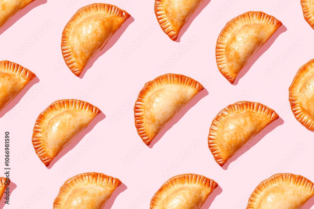 Obraz premium Un motif d'empanadas dorées sur un fond rose pastel, créant une esthétique joyeuse et gourmande..