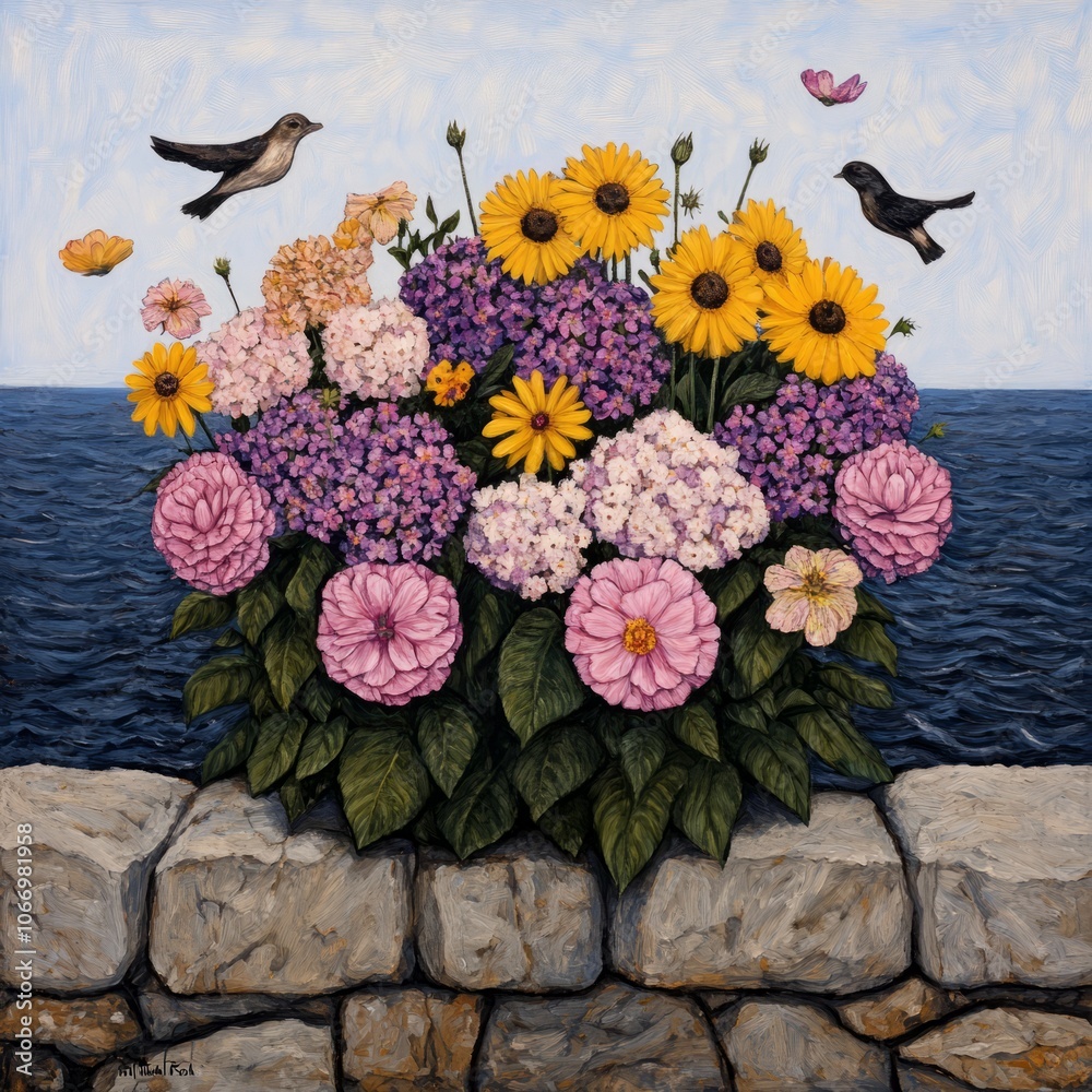 Fototapeta premium Colorful flowers in a stone wall by the sea with birds and butterflies.