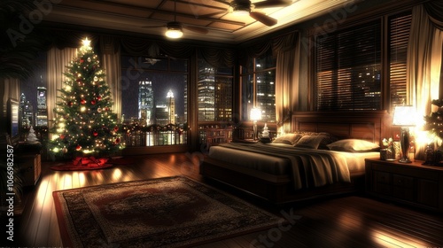 Minimalist American bedroom with a small Christmas tree simple ornaments