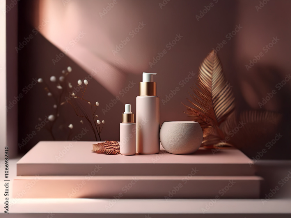 A minimalist product display features two bottles of skincare products on a pink platform with a plant and a bowl. A minimalist product display features two bottles of skincare products on a pink platform with a plant and a bowl.