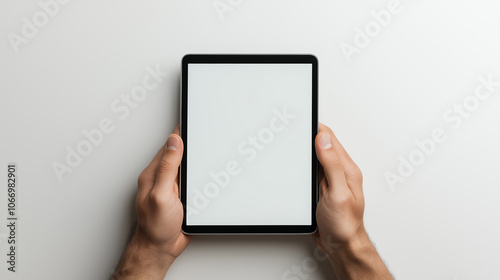 image shows a tablet mockup being held by two hands, with a blank white screen, providing a space for design or content insertion.