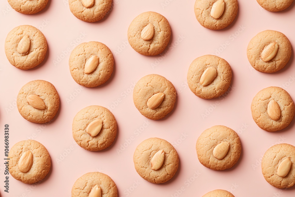 Motif de biscuits aux amandes sur un fond rose poudré, pour une ambiance classique et inspirée du dessert.. Motif de biscuits aux amandes sur un fond rose poudré, pour une ambiance classique et inspirée du dessert..