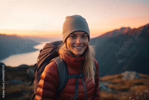 Mountain standing backpack portrait.