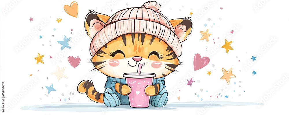 Fototapeta premium Cute cartoon tiger cub wearing a cozy beanie