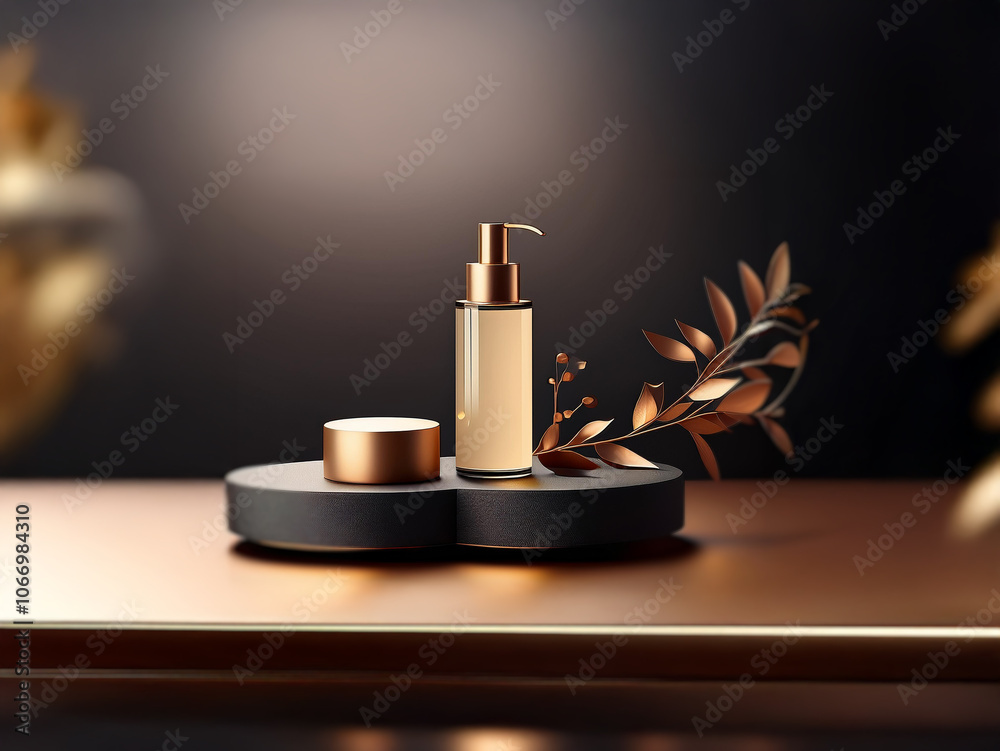 A gold and black product display features a bottle of lotion and a jar of cream, adorned with a gold leaf branch. A gold and black product display features a bottle of lotion and a jar of cream, adorned with a gold leaf branch.