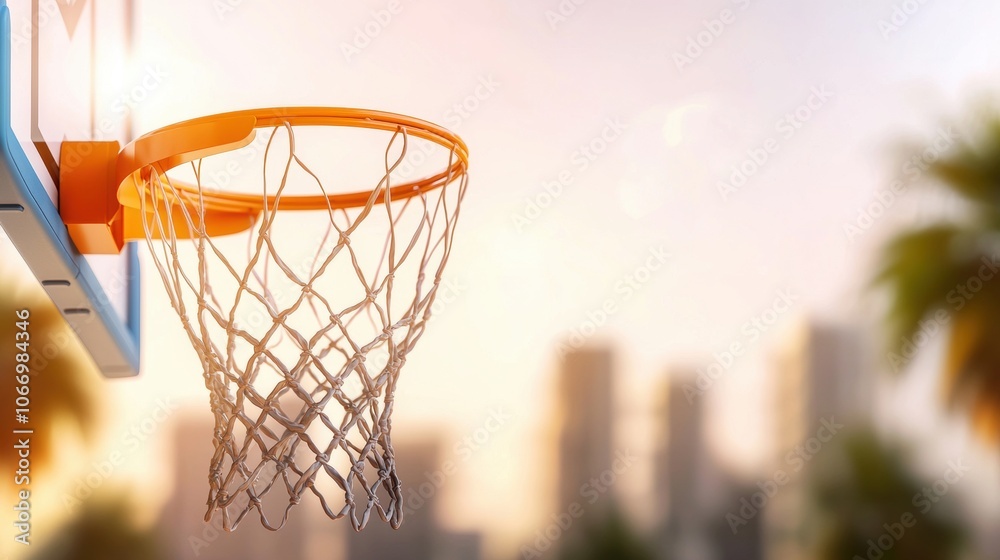 Closeup of Basketball Net and Hoop at Sunset