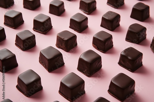 Rangées de carrés de chocolat noir sur un fond rose doux, créant une sensation riche et gourmande..