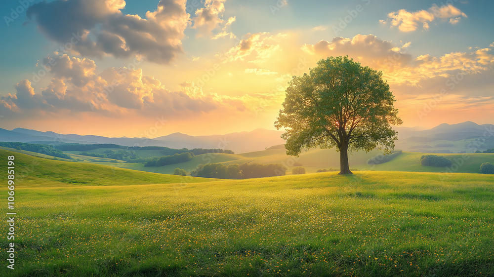 Tranquil rural landscape at sunrise a serene morning with colorful clouds and green meadows Tranquil rural landscape at sunrise a serene morning with colorful clouds and green meadows