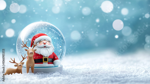 Festive snow globe featuring Santa Claus and reindeer, surrounded by snowy background.
