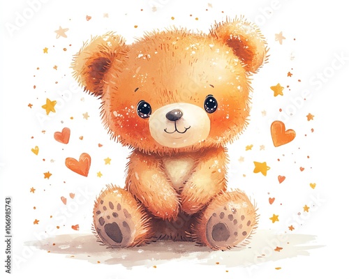 Endearing cartoon teddy bear with shiny eyes, surrounded by joyful hearts and twinkling stars, isolated on a clean white background, heartwarming design for childrens illustrations photo