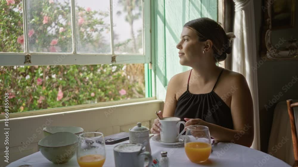Woman enjoying breakfast with coffee and juice while sitting at a table near a window with flowers outside at a restaurant Woman enjoying breakfast with coffee and juice while sitting at a table near a window with flowers outside at a restaurant