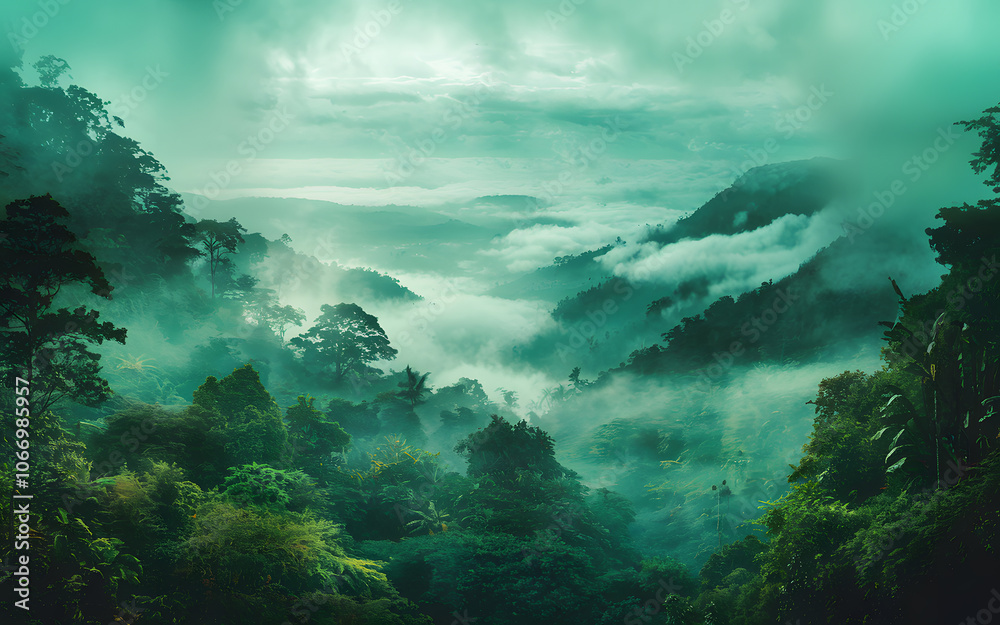 Misty tropical rainforest, lush green canopy, clouds rolling over mountains, foggy landscape. Misty tropical rainforest, lush green canopy, clouds rolling over mountains, foggy landscape.