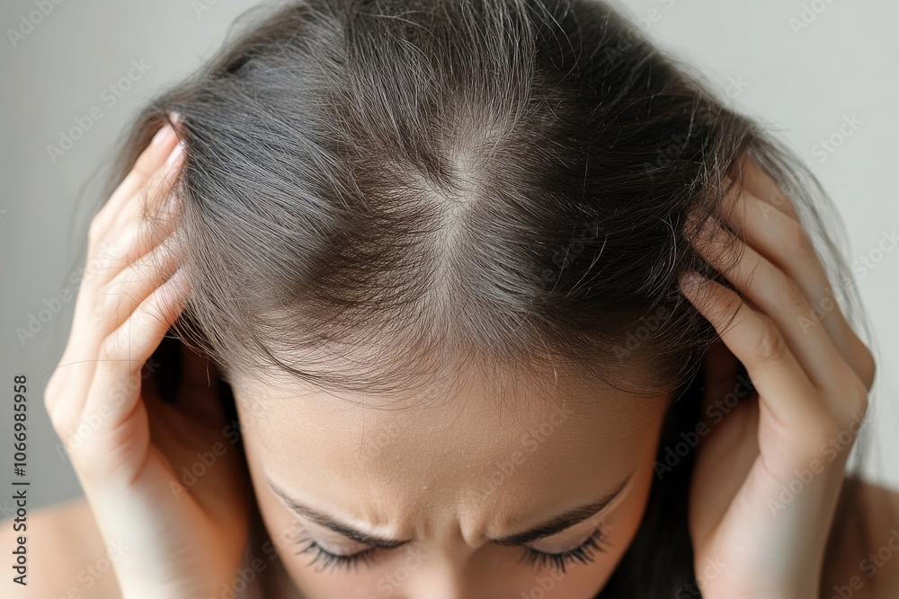 Young woman worrying about her thin hair and hair fall, Generative AI Young woman worrying about her thin hair and hair fall, Generative AI