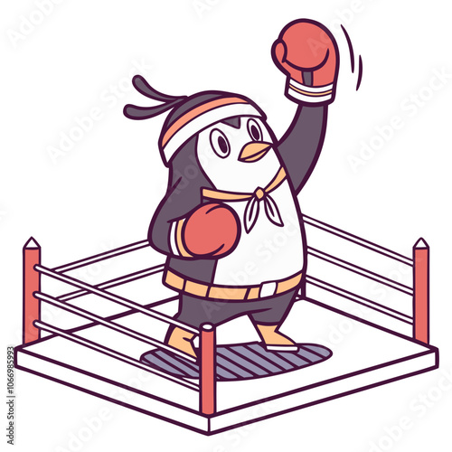 Boxing Penguin: A cartoon penguin in a boxing ring, wearing boxing gloves and a headband, ready to throw a punch.   photo