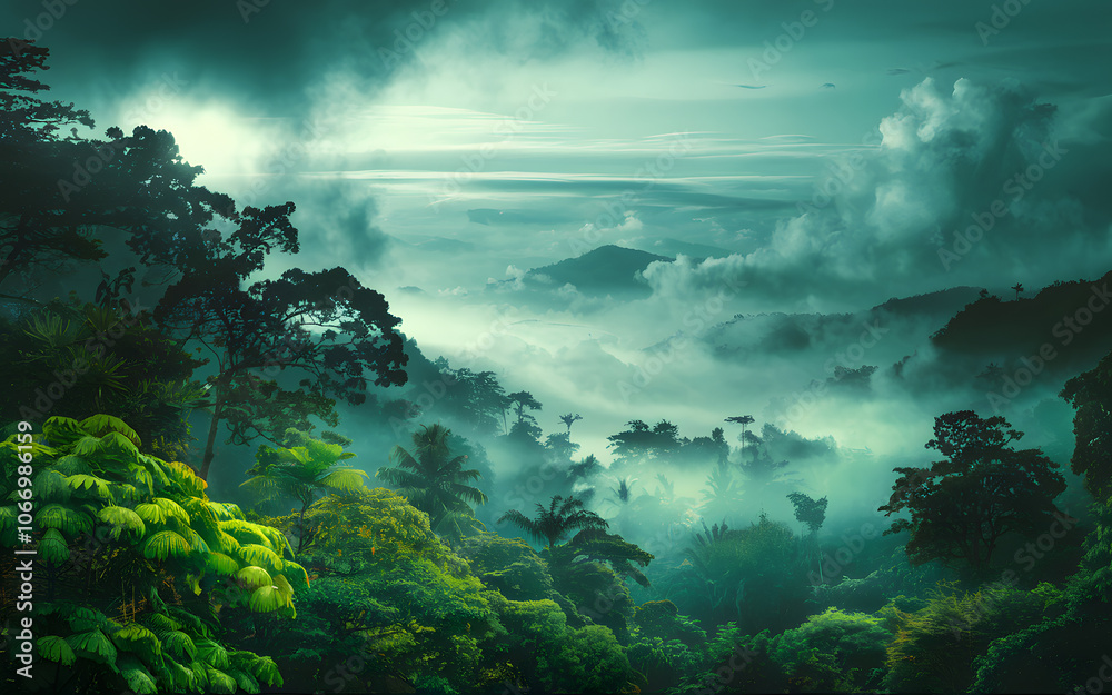 Fototapeta premium Misty tropical rainforest, lush green canopy, clouds rolling over mountains, ethereal atmosphere, foggy landscape,
