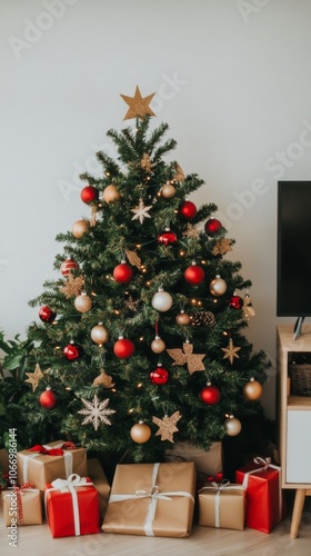 Rural American home with a decorated Christmas tree on the front lawn classic red and white ornaments