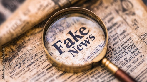 Magnifying glass showing fake news on old newspaper
