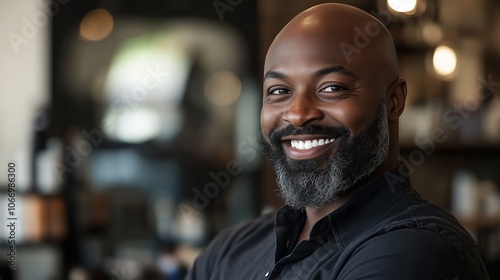 A smiling man poses confidently in a modern barbershop, showcasing his well-groomed beard and stylish appearance during the daytime