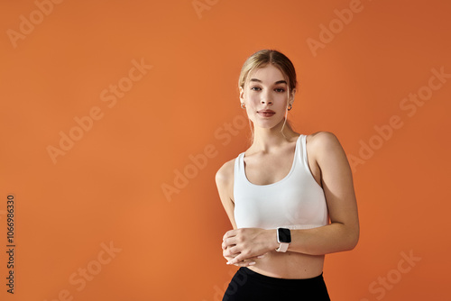 A beautiful sportswoman poses emotionally, showcasing strength and determination in her workout. photo