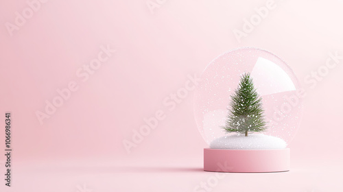 Decorative snow globe featuring small green Christmas tree on pink background