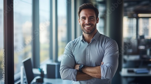 Confident businessman in modern office with large windows, ready for his venture. AI generated