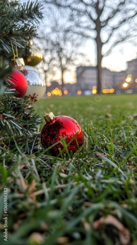 Rural American home with a decorated Christmas tree on the front lawn classic red and white ornaments