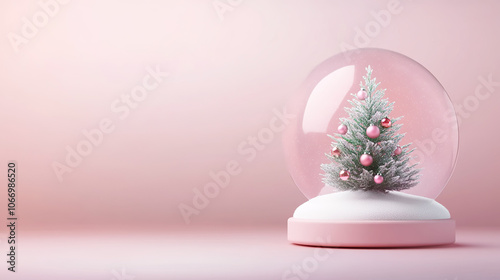 Beautiful snow globe featuring decorated Christmas tree, surrounded by soft pink hues