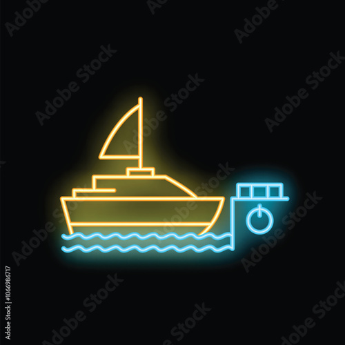Neon sign of a yacht illuminated in yellow and blue neon light