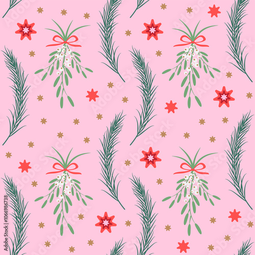 Whimsical Christmas seamless pattern with pine tree branches, mistletoe and various colorful stars on pink background. Festive winter design for seasonal projects, packaging, scrapbooking, etc.