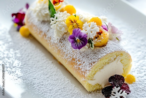 Bûche de Noël à la vanille avec touche de citron, décorée de fleurs comestibles, de sucre glace et de flocons de chocolat blanc pour un dessert rafraîchissant de fêtes.. photo