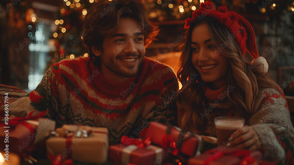 A warm couple spending Christmas together, enjoying the holiday season in a cozy setting, filled with love, joy, and festive cheer. A warm couple spending Christmas together, enjoying the holiday season in a cozy setting, filled with love, joy, and festive cheer.