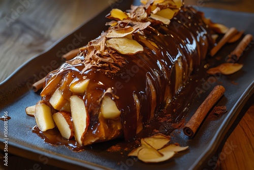 Bûche de Noël aux saveurs de caramel et pomme, avec des tranches de pomme séchée et bâtons de cannelle pour une touche rustique et automnale.. photo