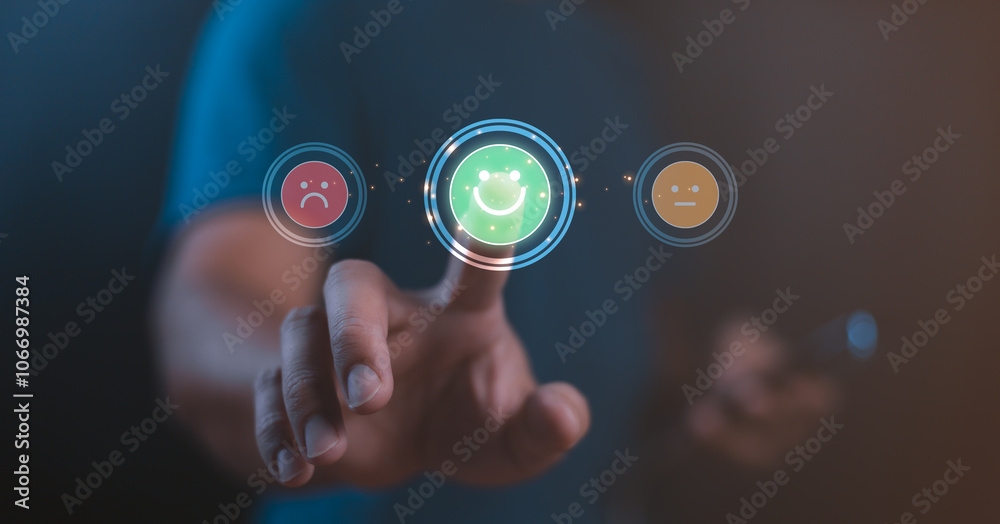 Businessman using smartphone pushing smile green button for the best evaluation, customer satisfaction concept. Give feedback icon satisfaction survey, evaluation, review, feedback, service excellent Businessman using smartphone pushing smile green button for the best evaluation, customer satisfaction concept. Give feedback icon satisfaction survey, evaluation, review, feedback, service excellent