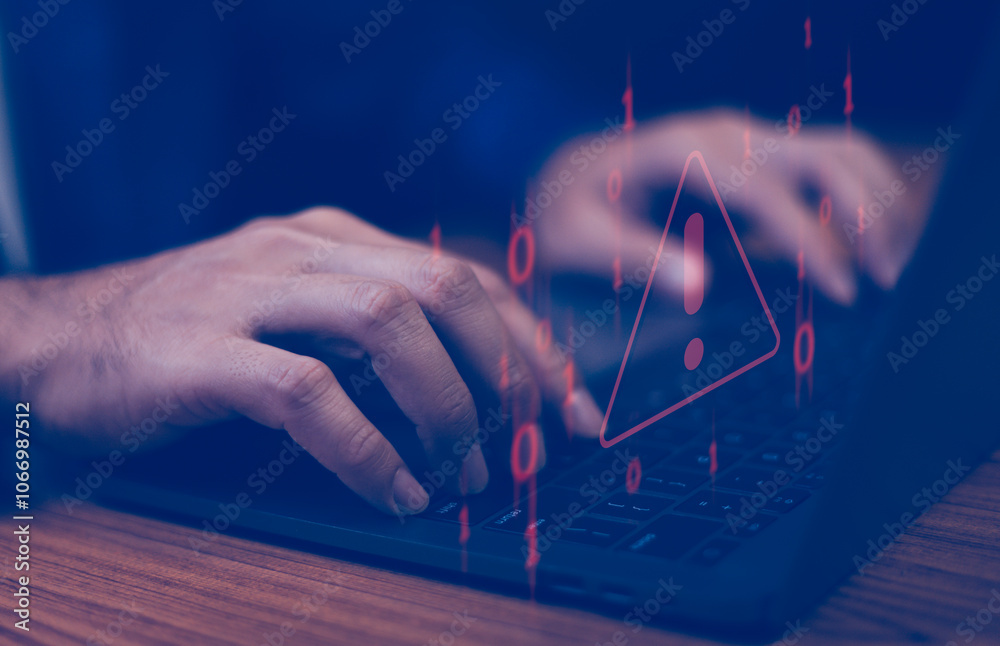 Triangle caution warning sign for notification error. Staff, programmer, developer using computer laptop maintenance system, scam virus attack on firewall, network security. System hack, cyber crime.