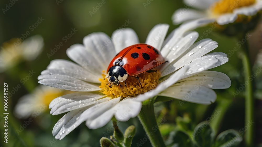 Fototapeta premium Ladybug Resting on Cluster of White Flowers in Natural Setting