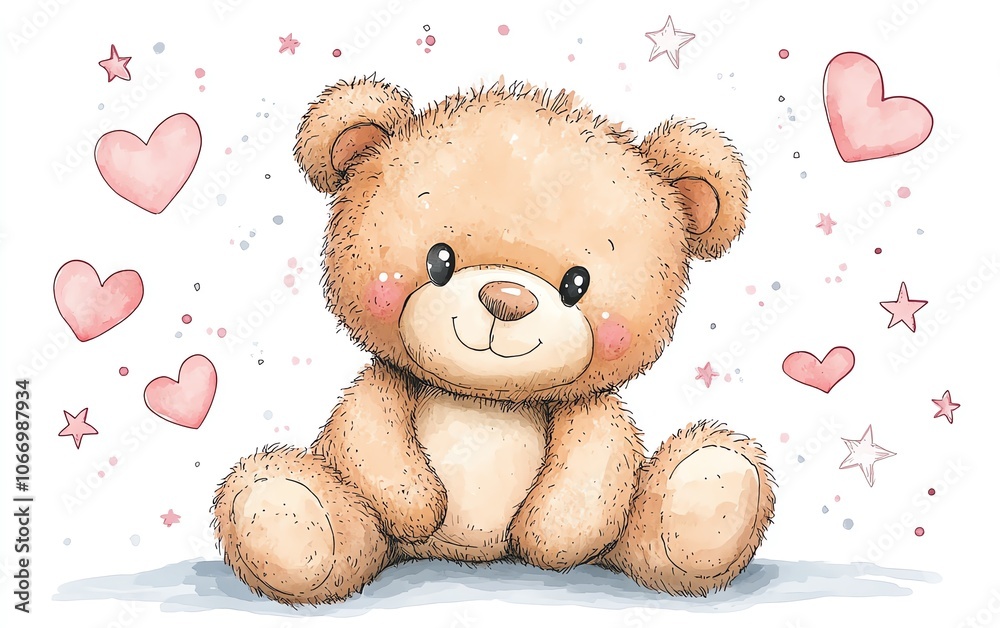 Joyful cartoon teddy bear with sparkling eyes, encircled by whimsical hearts and stars, designed for enchanting illustrations, isolated on a bright white backdrop, perfect for kids Joyful cartoon teddy bear with sparkling eyes, encircled by whimsical hearts and stars, designed for enchanting illustrations, isolated on a bright white backdrop, perfect for kids