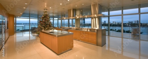 Sleek industrial space with minimalist Christmas tree American urban apartment photo