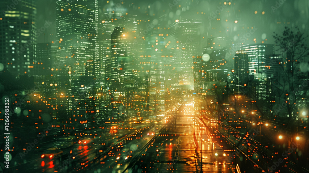 Fototapeta premium Rain-drenched cityscape with vibrant lights and a bokeh effect.
