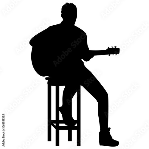 The silhouette of the guitar player is sitting on a tall chair. Perfect for stickers, icons and elements or advertising ornaments