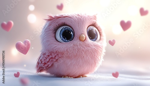 Kawaiistyle owl with large eyes and a joyful smile, adorned with floating hearts and stars, perfect for childrens graphics, isolated on a bright white backdrop photo