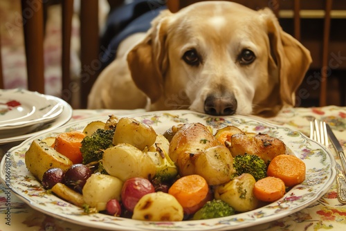 Chapon rôti aux herbes et aux épices, accompagné de petits légumes glacés au beurre, pour une volaille festive et savoureuse, chien qui regarde.. photo