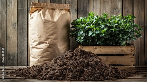 Soil, bag and plant growing in wooden crate in front of rustic wooden wall