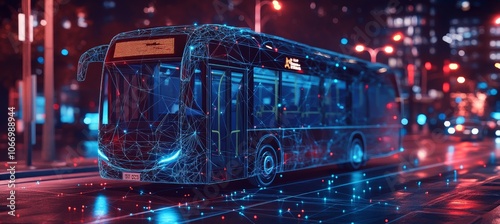 Autonomous Electric City Bus on Intelligent Transportation System Network at Night - Visualization photo