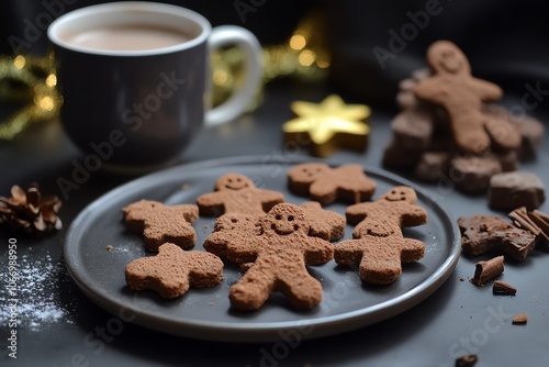 Biscuits de Noël au gingembre en forme de bonshommes, parfumés et croquants, à déguster avec un chocolat chaud.. photo