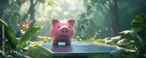 Piggy bank standing on solar panel in lush forest promoting green investments